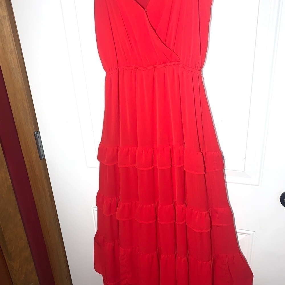 Flying Tomato Cherry Red Chiffon tiered ruffled Maxi dress Small - Picture 6 of 9